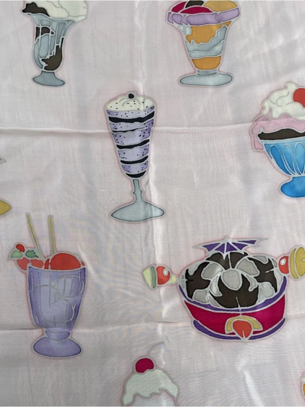 Red Fish Designs 100 % Silk Ice Cream Print Scarf - Pastel Pink 30x30